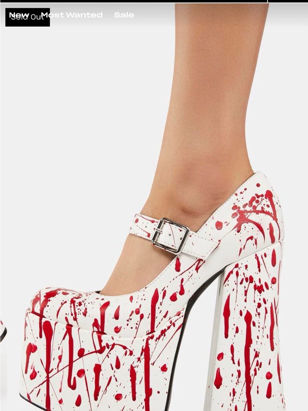 White and Red Splatter Mary Jane Platform Heels with Buckle Strap